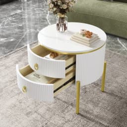 Modern Luxury Side Table Set with Storage Drawers, Marble Texture Surface Golden Metal Legs & Handles Adjustable Elegant