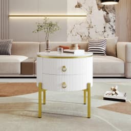 Modern Luxury Side Table Set with Storage Drawers, Marble Texture Surface Golden Metal Legs & Handles Adjustable Elegant