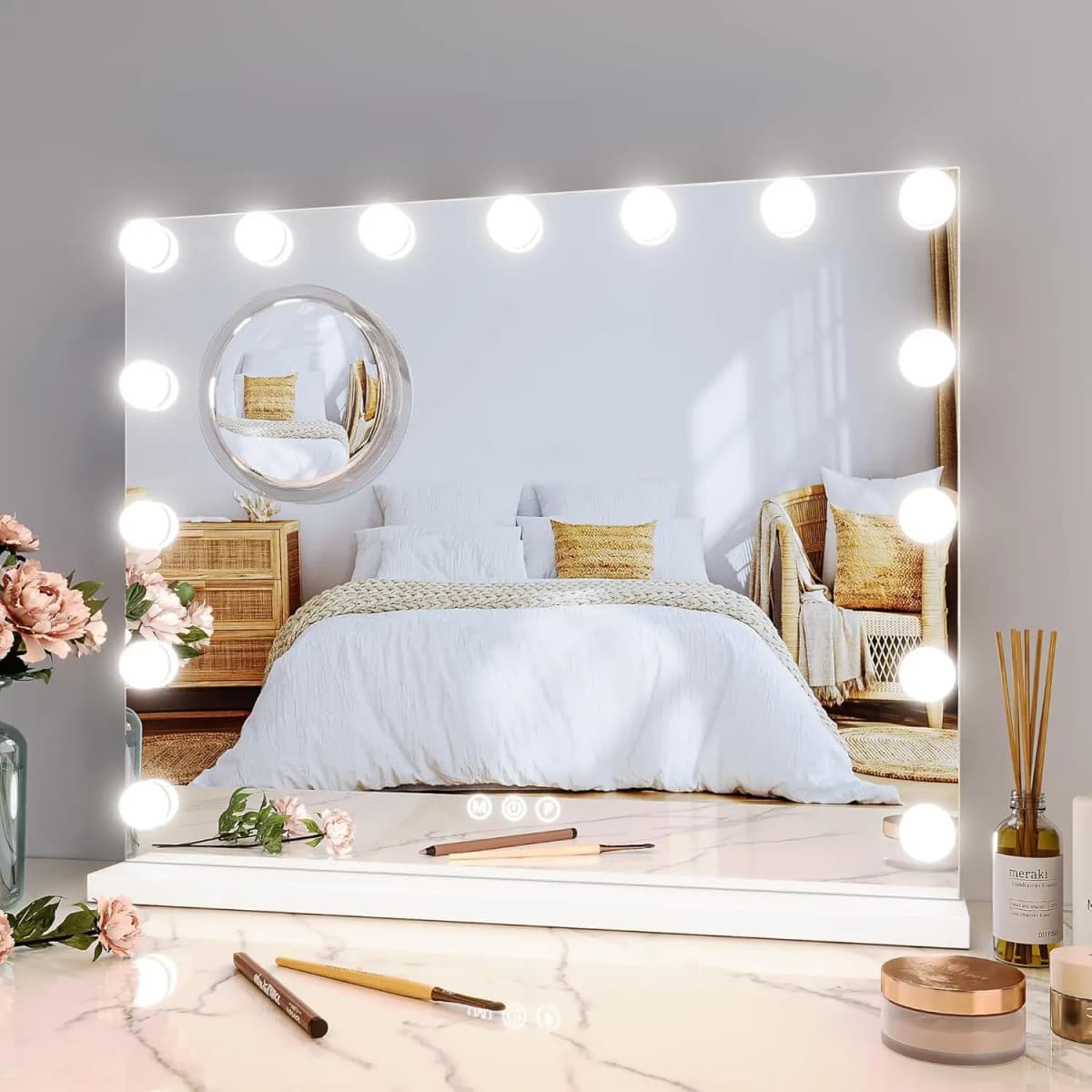 Vanity Mirror with Lights 15 Led Bulbs Lighted Dimmable 3 Color Modes Touch Control Makeup Mirror 3X Magnification for Bedroom