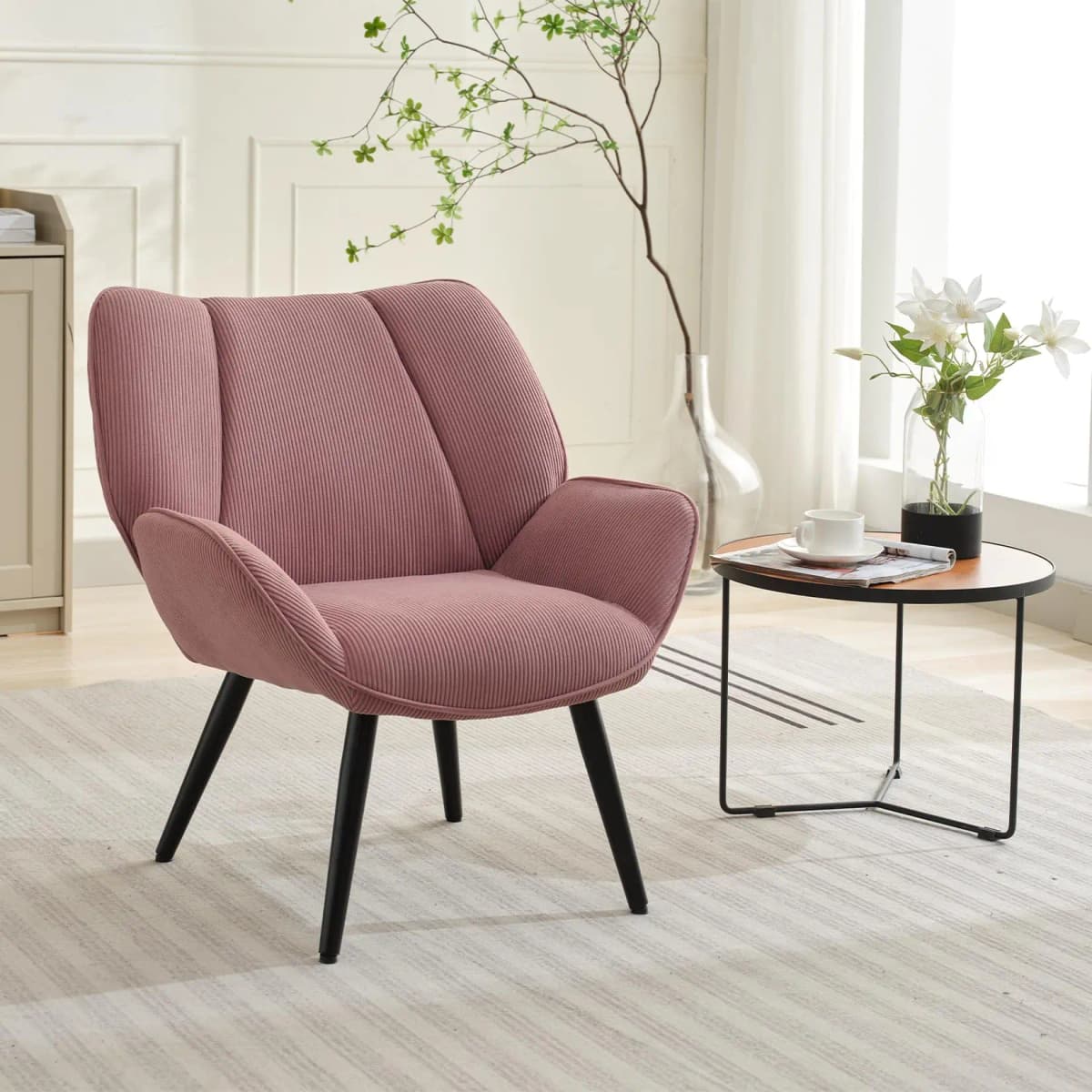 Living Room Accent Chair, Modern Wingback Reading Armchair Comfy Corduroy Sofa Chairs with Metal Legs, Upholstered Club Chair fo