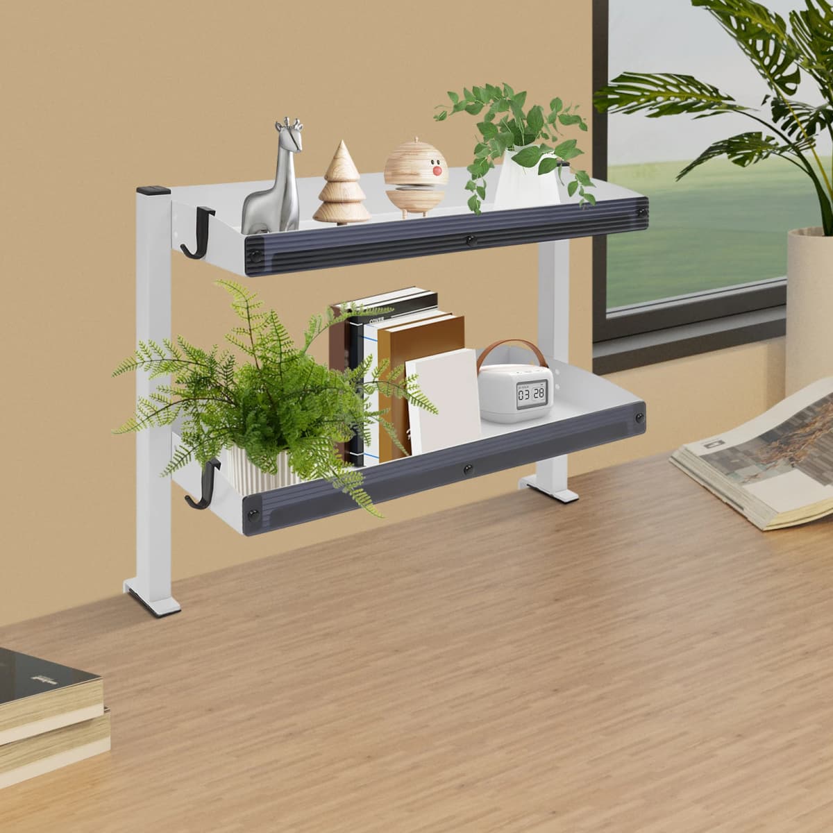 2 Tiers 17.32*15.35*6.in White Multifunctional Clip-on Desk Shelf Shelving Offices Bedrooms Living Rooms