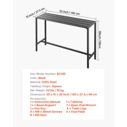 SucceBuy Outdoor Bar Table 39.4/47.2/55/63 x 15 in Waterproof Top & Sturdy Metal Frame Rectangle Tables Outdoor/Indoor Furniture