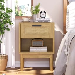 Rosahqnda 2 pieces/set Natural Rattan Nightstand,End Table,Side Table Bedside,with Solid Wood Feet,1 drawer, 1 shelf