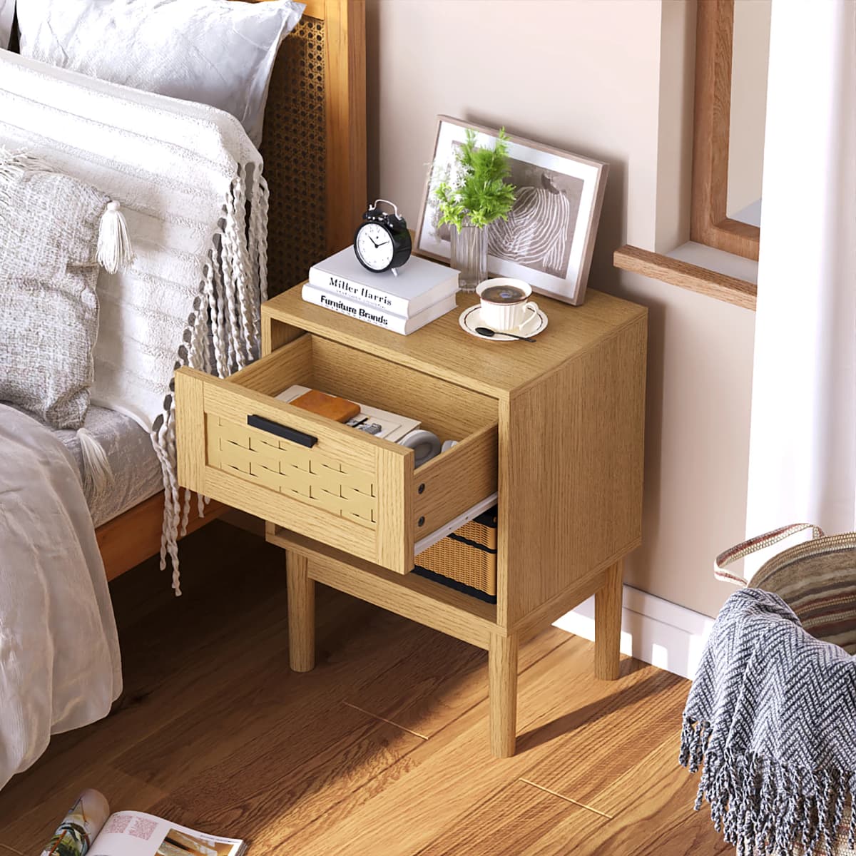 Rosahqnda 2 pieces/set Natural Rattan Nightstand,End Table,Side Table Bedside,with Solid Wood Feet,1 drawer, 1 shelf
