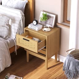 Rosahqnda 2 pieces/set Natural Rattan Nightstand,End Table,Side Table Bedside,with Solid Wood Feet,1 drawer, 1 shelf