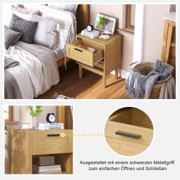 Rosahqnda 2 pieces/set Natural Rattan Nightstand,End Table,Side Table Bedside,with Solid Wood Feet,1 drawer, 1 shelf