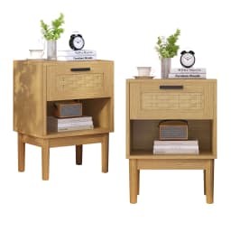 Rosahqnda 2 pieces/set Natural Rattan Nightstand,End Table,Side Table Bedside,with Solid Wood Feet,1 drawer, 1 shelf
