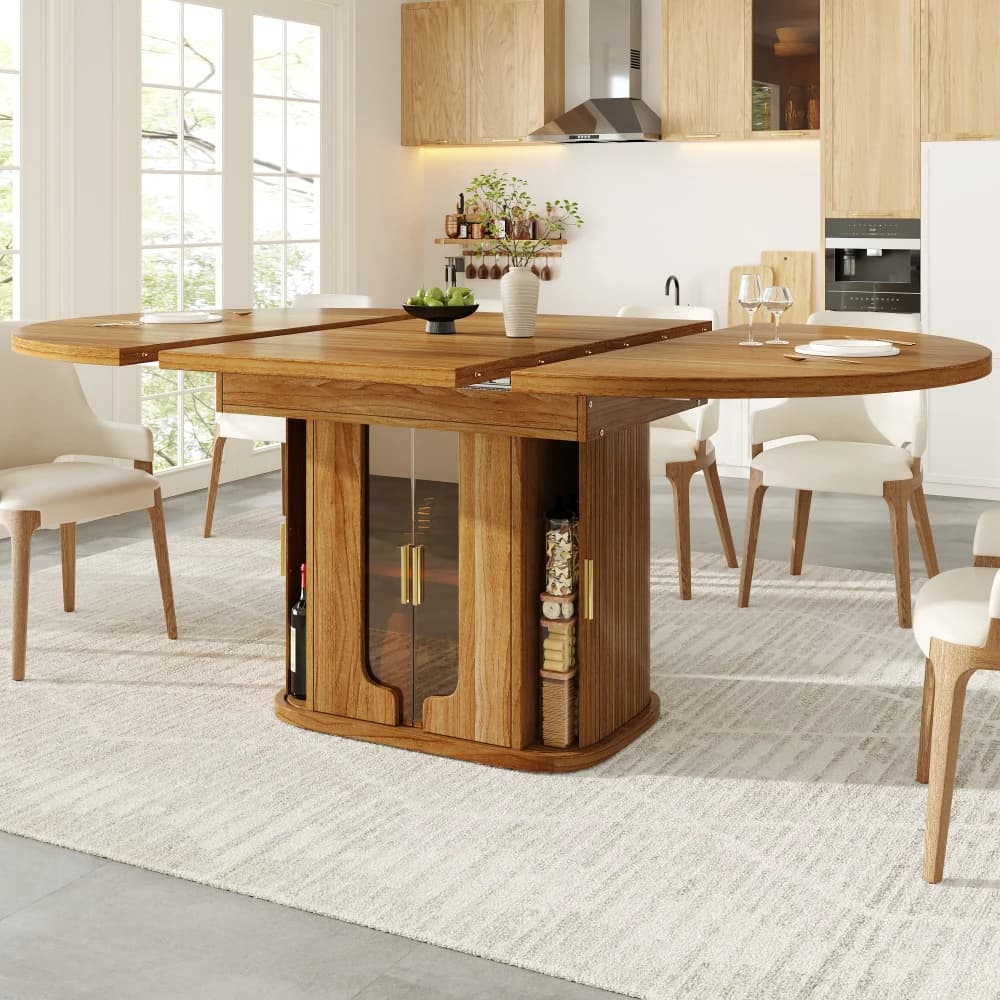 Modern Extendable Round To Oval Dining Table Wood 118-158cm 6 Seater Kitchen Dining Table with Glass Door Storage Home Furniture