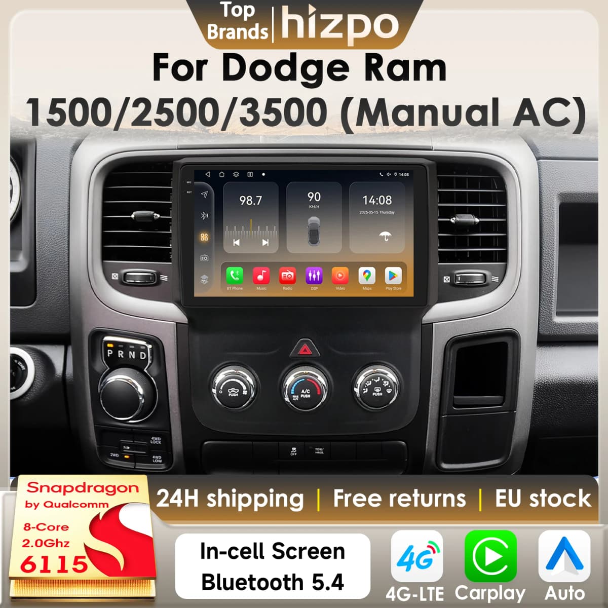 Hizpo 8Core 2Din Android 14 Car Radio For Dodge Ram 1500 2500 3500 2013-2018 AI Car Multimedia GPS 4G Carplay By Snapdragon 6115