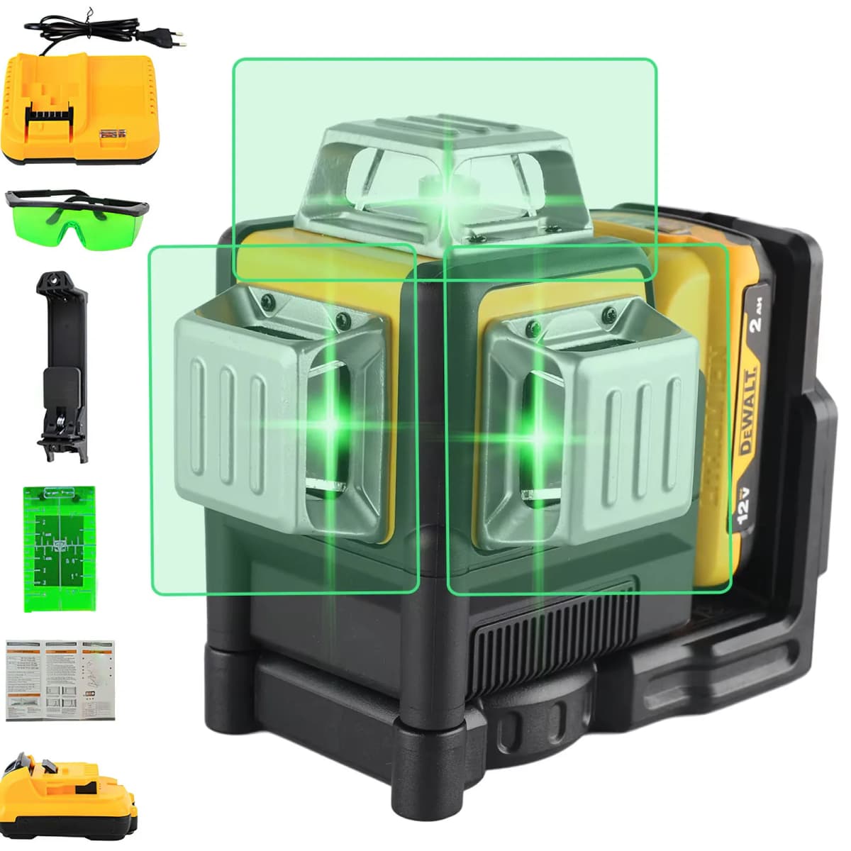 OWJHE 12 Lines 3 Sides 360 Degree Vertical Laser Level Green Meter IP65 Proof Cross Line Tool With 12V Lithium Battery Charger
