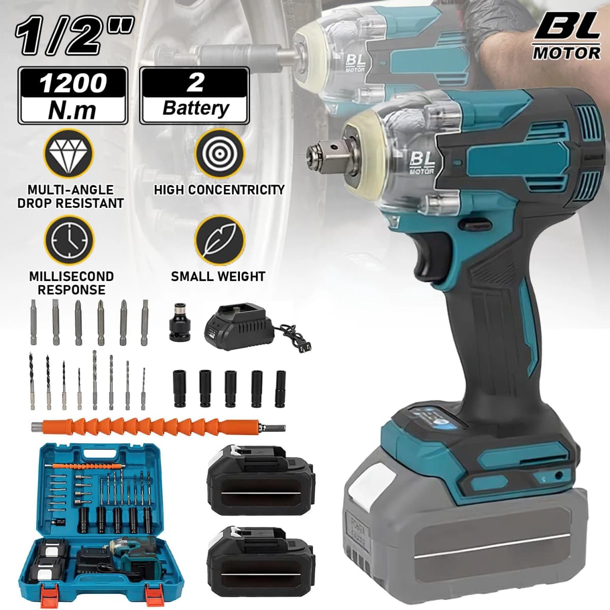 1200N.m 6700 rpm Brushless Electric Wrench 1/2 Inch Impact Wrench Electirc Screwdriver Drill Compatible with Makita Battery Pin