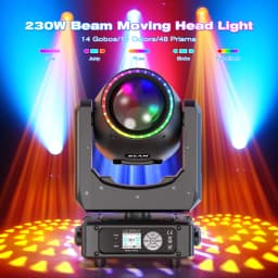 Yiflamefly Mini 230W Beam Moving Head Lights With Ring RGBW 14Gobos 13Colors 18CH Rainbow Effect DMX Stage Lights For Party KTV