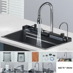 304 Stainless Steel Waterfall Kitchen Sink Large Single Slot Integrated Digital Display Faucet Set Soap Dispenser Cup Washer