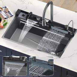 304 Stainless Steel Waterfall Kitchen Sink Large Single Slot Integrated Digital Display Faucet Set Soap Dispenser Cup Washer