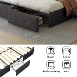 Anajqaqia Double Bed Frame, Upholstered Storage Bed, 4 Drawers, LED Light, UP Fabric Headboard