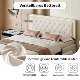 Anajqaqia Double Bed Frame, Upholstered Storage Bed, 4 Drawers, LED Light, UP Fabric Headboard