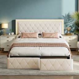Anajqaqia Double Bed Frame, Upholstered Storage Bed, 4 Drawers, LED Light, UP Fabric Headboard