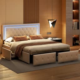 Anajqaqia Double Bed Frame, Upholstered Storage Bed, 4 Drawers, LED Light, UP Fabric Headboard