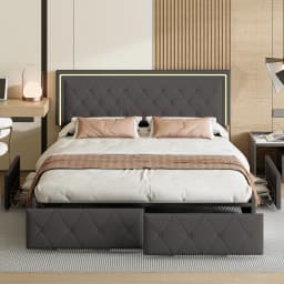 Anajqaqia Double Bed Frame, Upholstered Storage Bed, 4 Drawers, LED Light, UP Fabric Headboard
