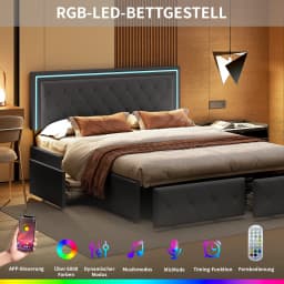 Anajqaqia Double Bed Frame, Upholstered Storage Bed, 4 Drawers, LED Light, UP Fabric Headboard