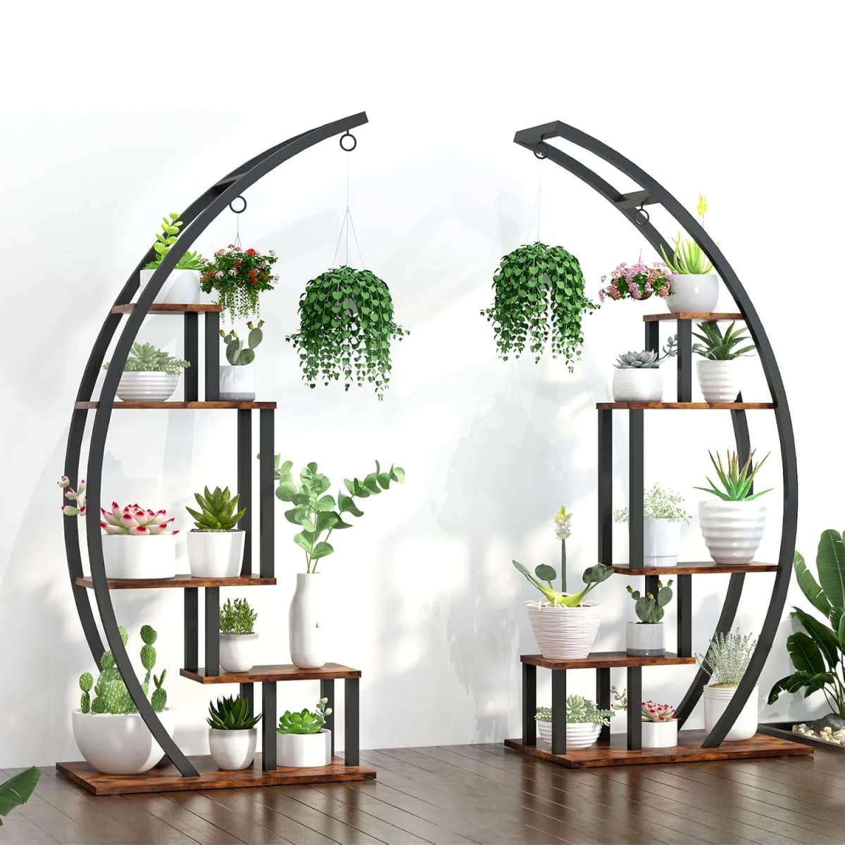5 Tier Metal Plant Stand Creative Half Moon Shape Ladder Flower Pot Stand Rack for Home Patio Lawn Garden Balcony Holder