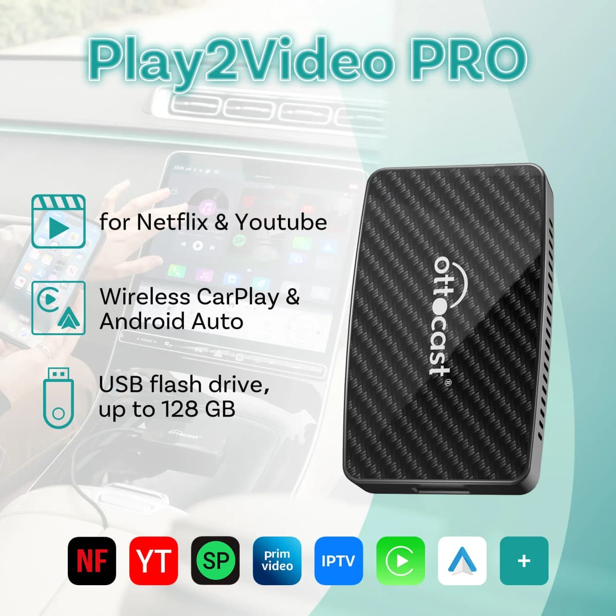 OTTOCAST Play2Video Pro Wireless CarPlay Android Auto Adapter Car Accessories for Youtuber for