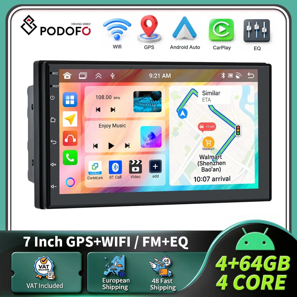 Podofo 2DIN Wireless Carplay Androidauto Android 4+64G 7/9/10'' Car Stereo Radio IPS Screen Bluetooth WIFI GPS Multimedia Player