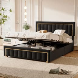 Anajqaqia Double Bed Frame, Black Striped Velvet Fabric, Gold Trim, Light Luxury Style, 140x200/160x200