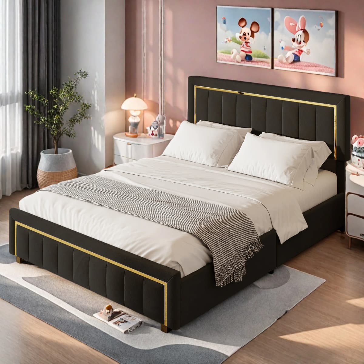 Anajqaqia Double Bed Frame, Black Striped Velvet Fabric, Gold Trim, Light Luxury Style, 140x200/160x200