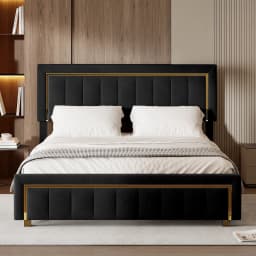 Anajqaqia Double Bed Frame, Black Striped Velvet Fabric, Gold Trim, Light Luxury Style, 140x200/160x200