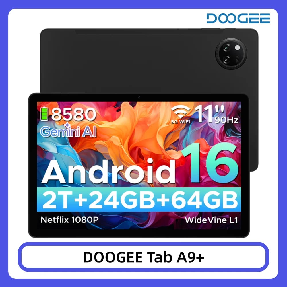 DOOGEE Tab A9+ Tablet 11" HD Display 20GB(4+16) 64GB Gemini AI 8580mAh Large Battery Unisoc T7200 Octa Core Dual Speakers 13MP Android 16 Tablet