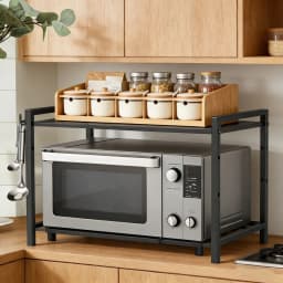 Microwave Oven Rack Oven Storage Rack with 6 Removable Hooks & Adjustment High 38–64 cm Household Kitchen Tableware Storage