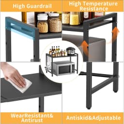 Microwave Oven Rack Oven Storage Rack with 6 Removable Hooks & Adjustment High 38–64 cm Household Kitchen Tableware Storage