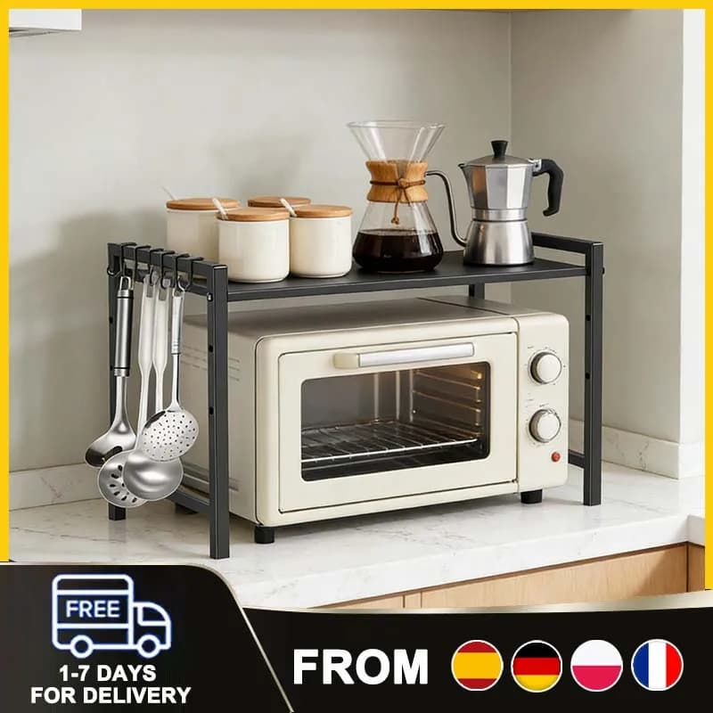 Microwave Oven Rack Oven Storage Rack with 6 Removable Hooks & Adjustment High 38–64 cm Household Kitchen Tableware Storage