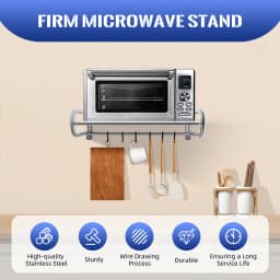 Metal Wall Microwave Holder Shelf, Stainless Steel, Wall Holder Shelf for up to 20 kg, with Hooks, for Items in Kitchen, Bedroom