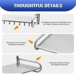 Metal Wall Microwave Holder Shelf, Stainless Steel, Wall Holder Shelf for up to 20 kg, with Hooks, for Items in Kitchen, Bedroom