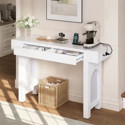 Narrow Entryway Console Table with Storage Drawers & Power Socket Bars, Grid Design Sideboard with Adjustable Foot Pads