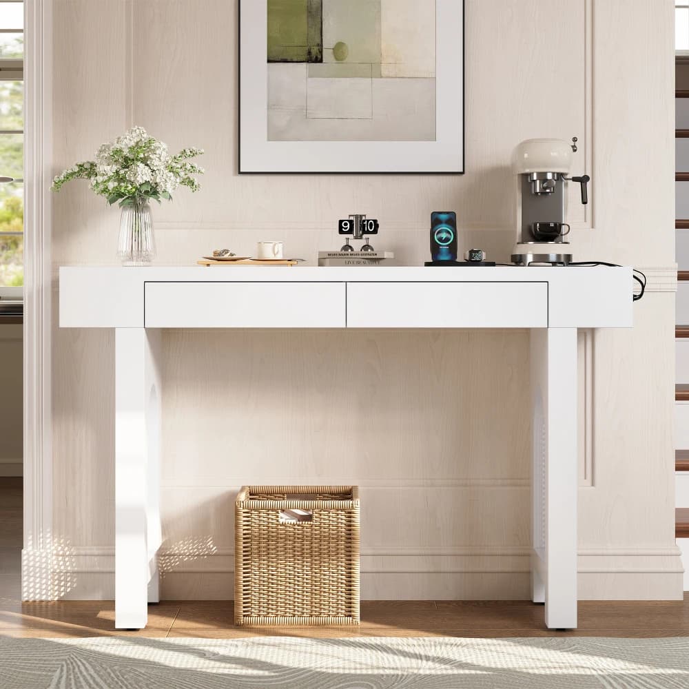 Narrow Entryway Console Table with Storage Drawers & Power Socket Bars, Grid Design Sideboard with Adjustable Foot Pads