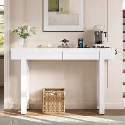 Narrow Entryway Console Table with Storage Drawers & Power Socket Bars, Grid Design Sideboard with Adjustable Foot Pads
