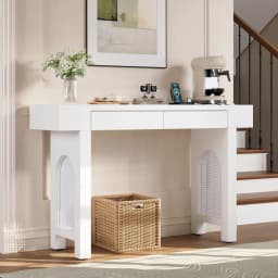 Narrow Entryway Console Table with Storage Drawers & Power Socket Bars, Grid Design Sideboard with Adjustable Foot Pads