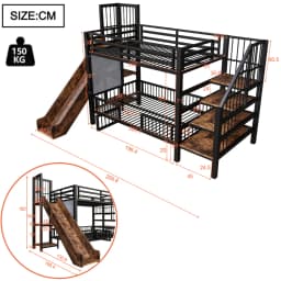 90*200cm Metal Bed for Children, with Slide and Storage Staircase, Bunk Bed with Protective Lattice Door, Integrated Shelves