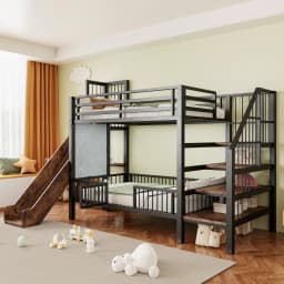90*200cm Metal Bed for Children, with Slide and Storage Staircase, Bunk Bed with Protective Lattice Door, Integrated Shelves