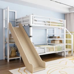 90*200cm Metal Bed for Children, with Slide and Storage Staircase, Bunk Bed with Protective Lattice Door, Integrated Shelves