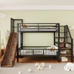 90*200cm Metal Bed for Children, with Slide and Storage Staircase, Bunk Bed with Protective Lattice Door, Integrated Shelves
