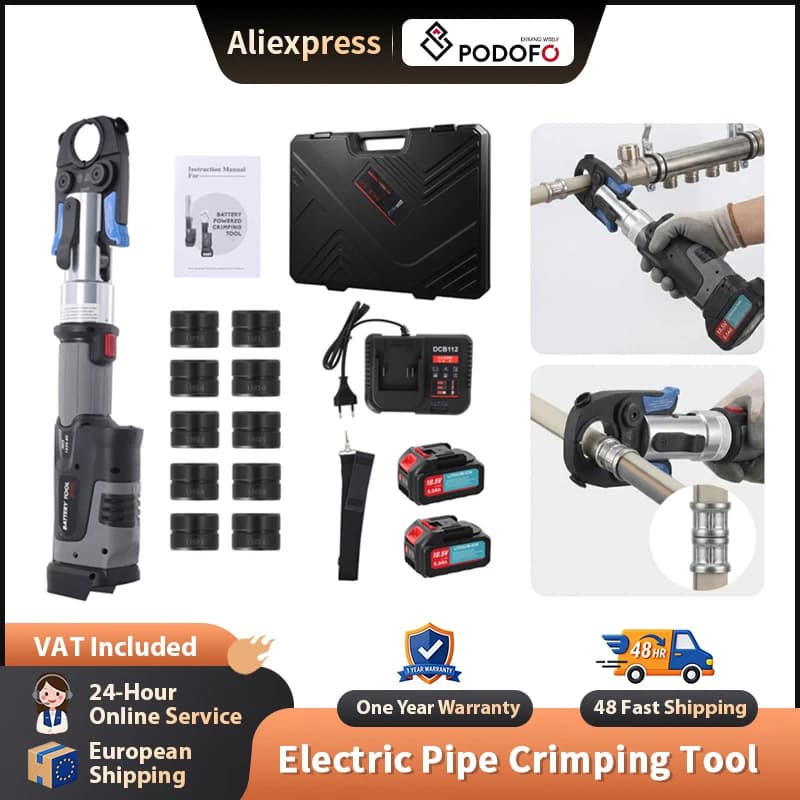 Podofo 18V Electric Pipe Hydraulic Crimping Tool Kit With TH16/20/25/26/32mm Crimping Dies Cordless Pipe Press Tool With Battery