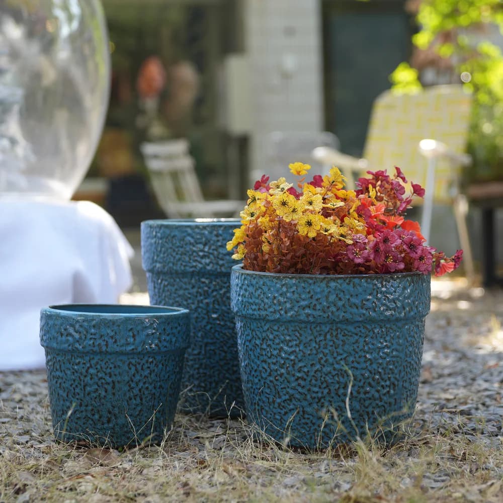3pcs Handmade Ceramic Plant Pot Set (38.1/30.5/22.9cm), Blue Speckled-grained Glaze, for Indoor Plants, Breathable Clay Ware