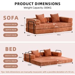 Orange Chenille Compressible Sofa Bed,3-in-1 No Assembly Needed Foldable Floor Couch,Soft Loveseat Sofa for Living Room