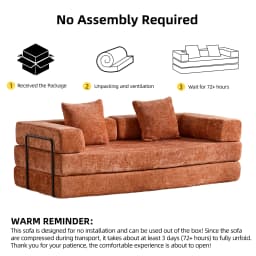 Orange Chenille Compressible Sofa Bed,3-in-1 No Assembly Needed Foldable Floor Couch,Soft Loveseat Sofa for Living Room
