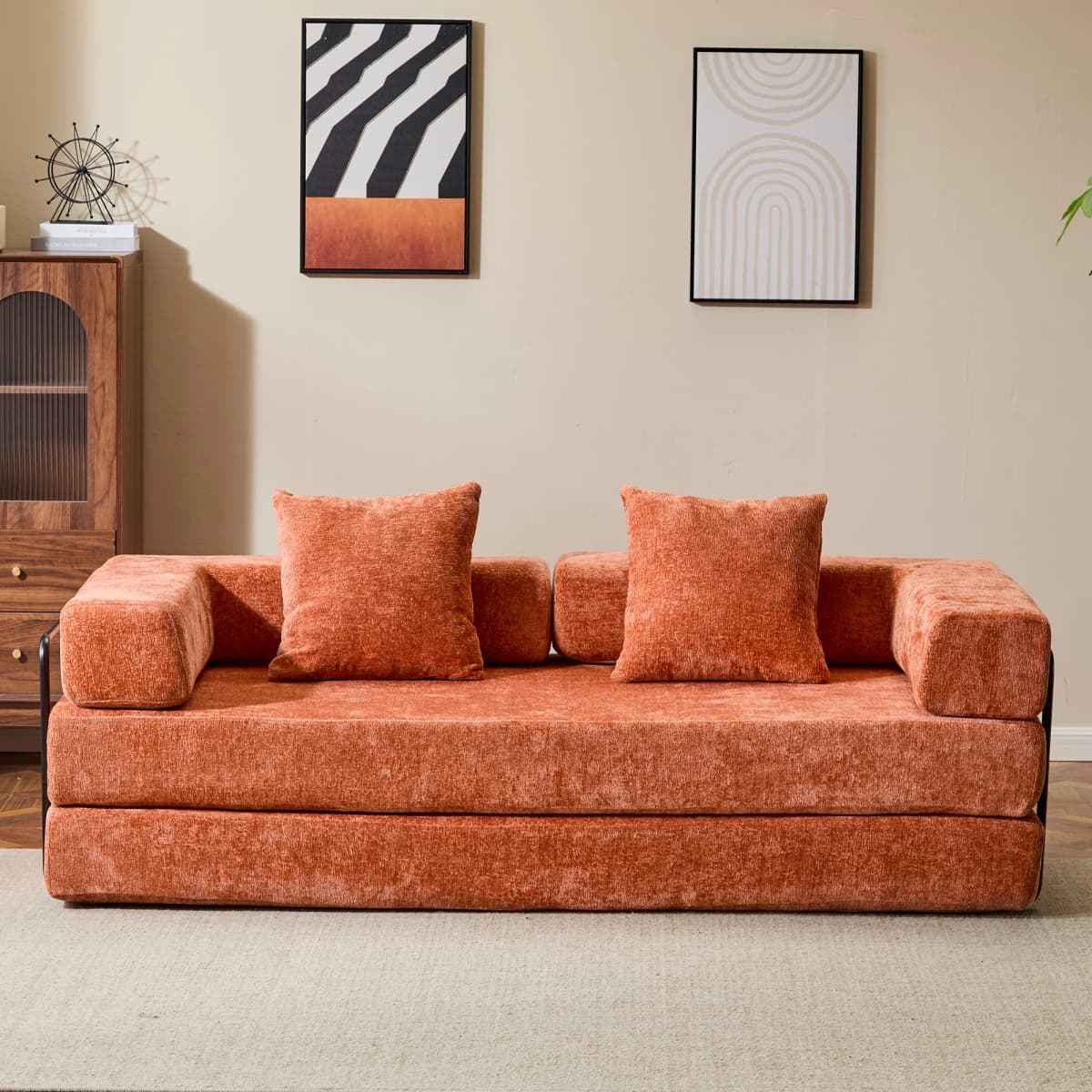 Orange Chenille Compressible Sofa Bed,3-in-1 No Assembly Needed Foldable Floor Couch,Soft Loveseat Sofa for Living Room