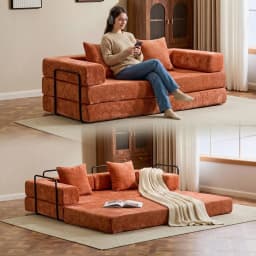 Orange Chenille Compressible Sofa Bed,3-in-1 No Assembly Needed Foldable Floor Couch,Soft Loveseat Sofa for Living Room